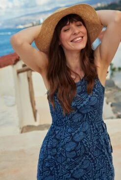 Illaria Printed Organic Cotton Cheesecloth Midi Dress Navy